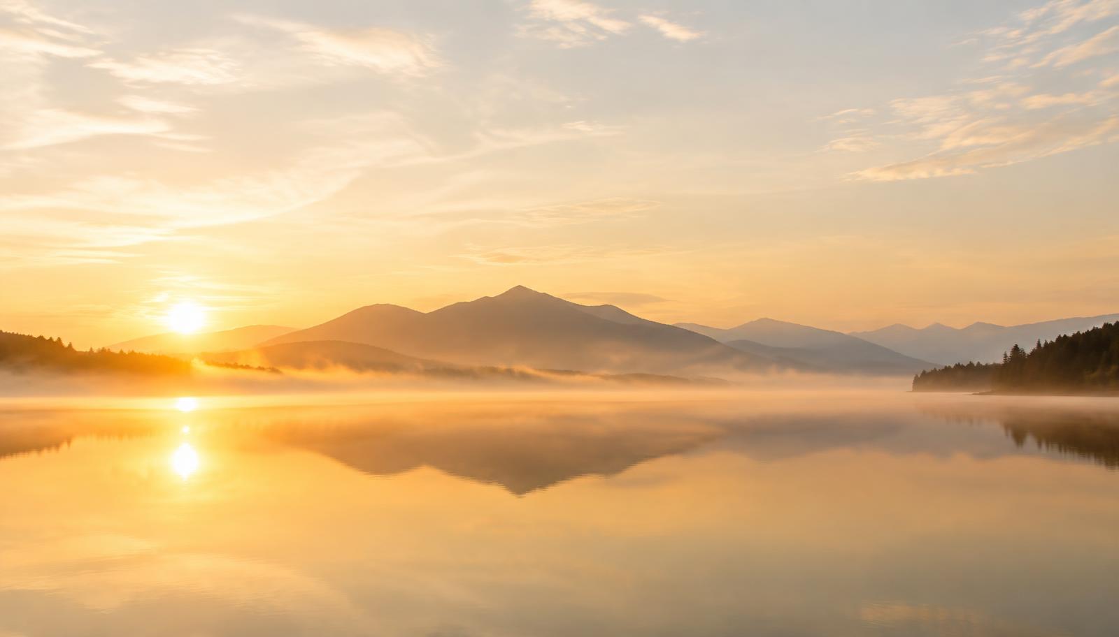 A calm lake at sunrise with golden mist and distant mountains